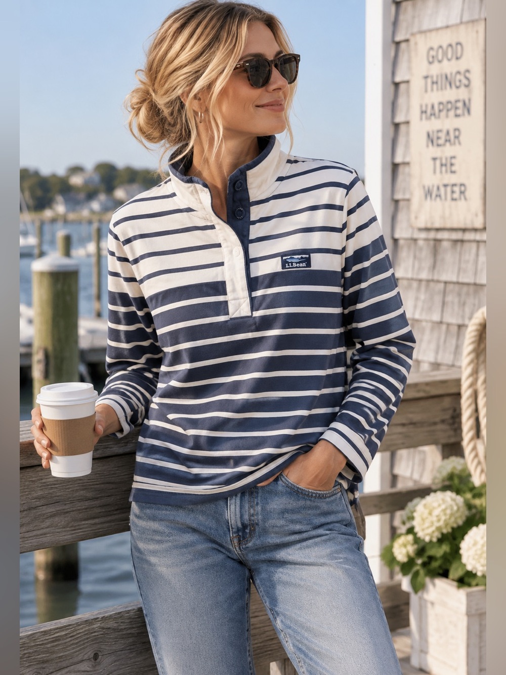 L.L.Bean Women’s Large Navy Striped Pullover Coastal Nautical Top